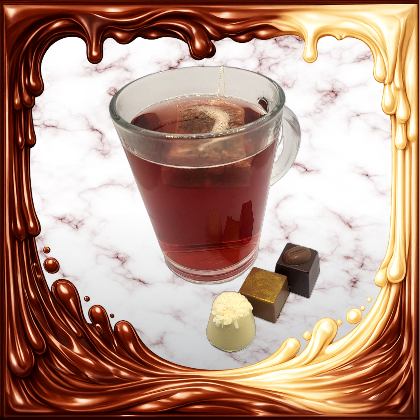 3 Pralinen mit einem Glas Tee